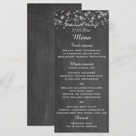 Trendy chic sparkles chalkboard trouwmenu menu (Voorkant / Achterkant)