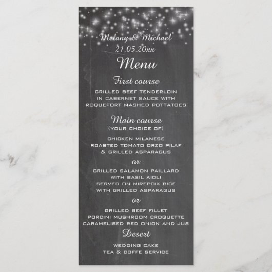 Trendy chic sparkles chalkboard trouwmenu menu (Voorkant)