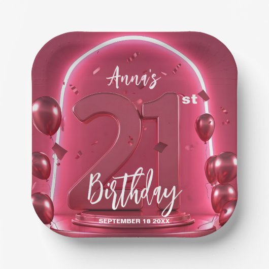 Trendy Chic Vibrant Hot Pink Neon 21st Birthday Papieren Bordje (Voorkant)