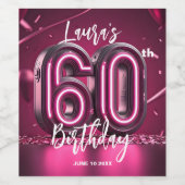 Trendy Chic Vibrant Hot Pink Neon 60th Birthday Wijn Etiket (Enkel label)