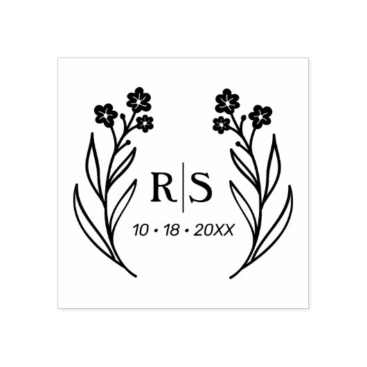 Trendy Chique Bruiloft Wilde Bloemen Initialen Mon Rubberstempel (Afrduk)