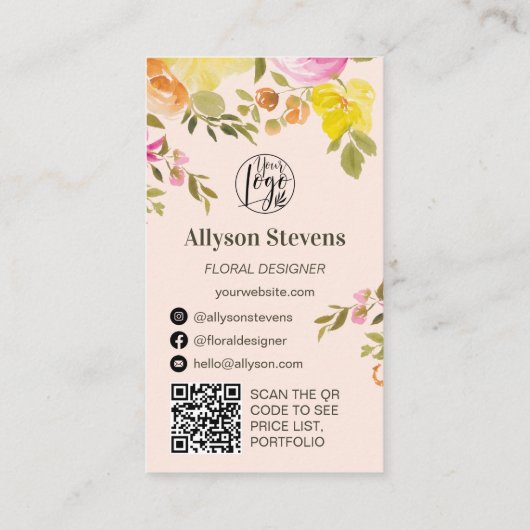 Trendy chique floral waterverf roze logo qr code visitekaartje (Achterkant)
