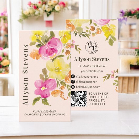Trendy chique floral waterverf roze logo qr code visitekaartje