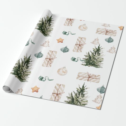 Trendy Christmas Pattern | Watercolor  Cadeaupapier (Uitgerold)