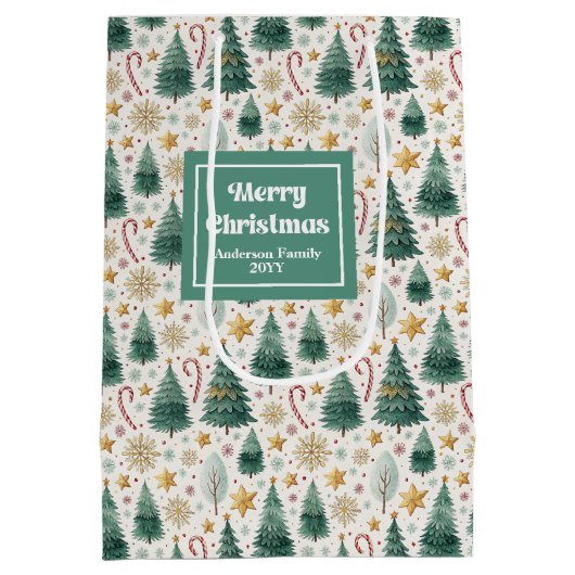 Trendy Christmas trees and candy canes name bag Medium Cadeauzakje (Achterkant)