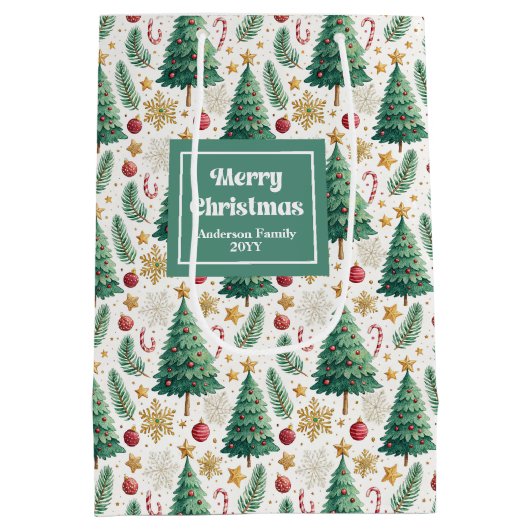 Trendy Christmas trees gift bag editable layout Medium Cadeauzakje (Achterkant)