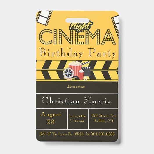 Trendy Cinema Any Age Birthday Party Badge (Voorzijde)