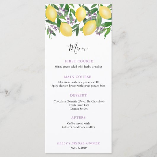 Trendy citroenen lavendel bruiloft feest lunch menu (Voorkant)