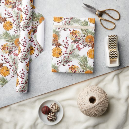 Trendy Citrus Oranje Pine Berry Kerstfeestdag Cadeaupapier (Crafts)