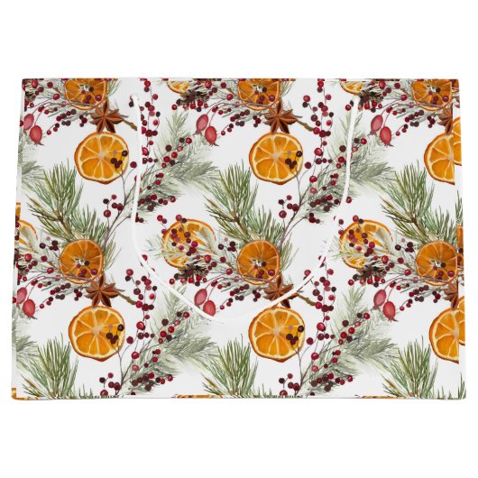 Trendy Citrus Oranje Pine Berry Kerstfeestdag Groot Cadeauzakje (Voorkant)