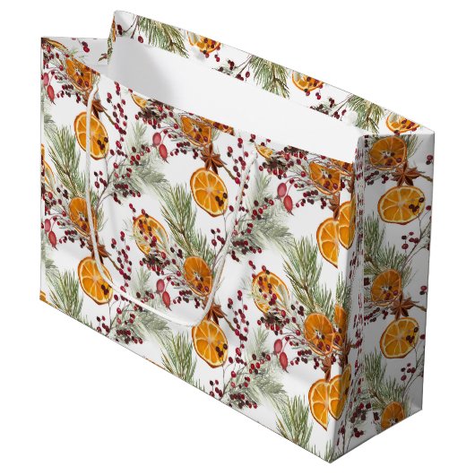 Trendy Citrus Oranje Pine Berry Kerstfeestdag Groot Cadeauzakje (Voorkant Gekanteld)