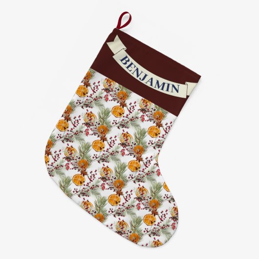 Trendy Citrus Sinaasappel Rustiek PIne groen Grote Kerstsok (Voorkant (Hangend))