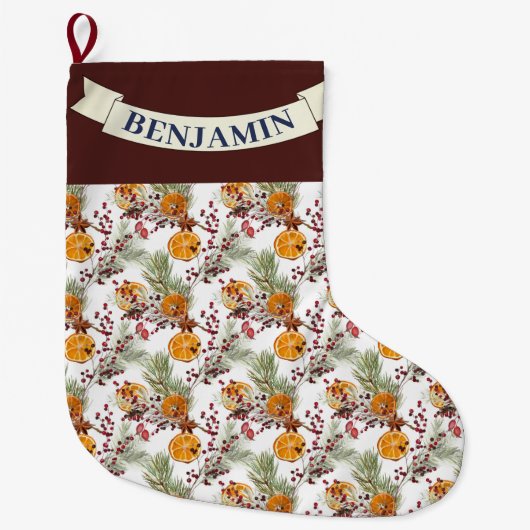 Trendy Citrus Sinaasappel Rustiek PIne groen Grote Kerstsok (Voorkant)