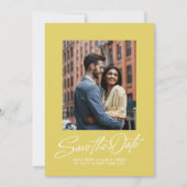Trendy citrusgeel stijlvol script twee foto save the date (Voorkant)