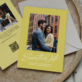 Trendy citrusgeel stijlvol script twee foto save the date