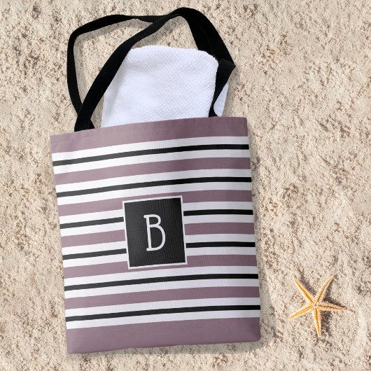 Trendy Clasic Monogram Paars Black White Stripe Tote Bag