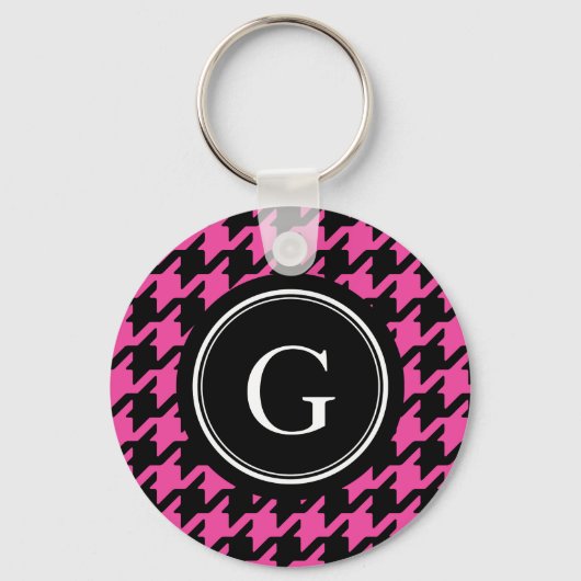 Trendy Classic roze houndstooth met monogram Sleutelhanger (Voorkant)