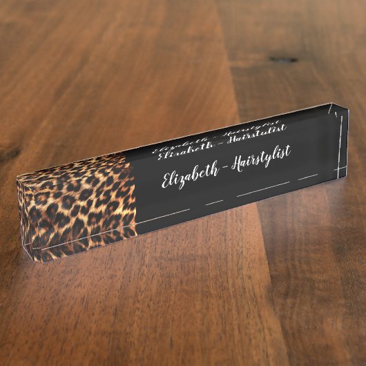 Trendy Classy Haarstylist Monogram Leopard Naambordje (Zijkant)