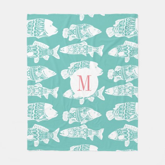 Trendy Coastal White Floral Fish | Monogram Fleece Deken (Voorkant)