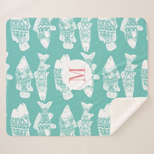 Trendy Coastal White Floral Fish & Zee Green Sherpa Deken (Voorkant (horizontaal))