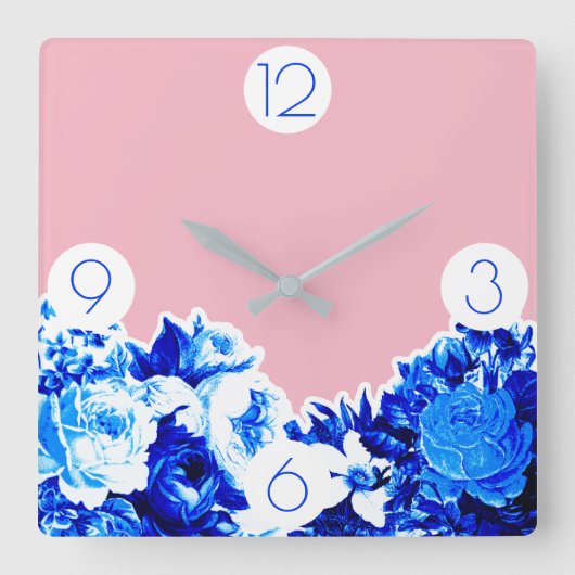 Trendy Cobalt Blue Flowers & Blush Pink Vierkante Klok (Voorkant)