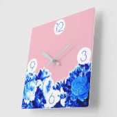 Trendy Cobalt Blue Flowers & Blush Pink Vierkante Klok (Hoek)