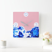 Trendy Cobalt Blue Flowers & Blush Pink Vierkante Klok (Huis)