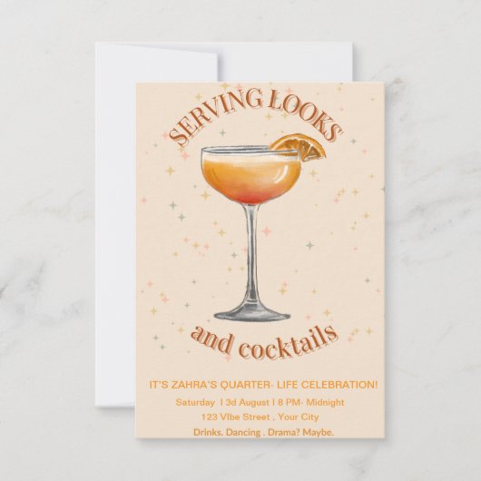 Trendy Cocktail Party Birthday Invitation – Glam & Save The Date (Voorkant)