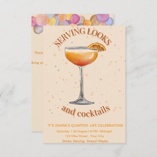 Trendy Cocktail Party Birthday Invitation – Glam & Save The Date (Voorkant / Achterkant)