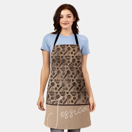 Trendy Coffee Lover Pattern Persoonlijke naam Apro Schort (Gedragen)