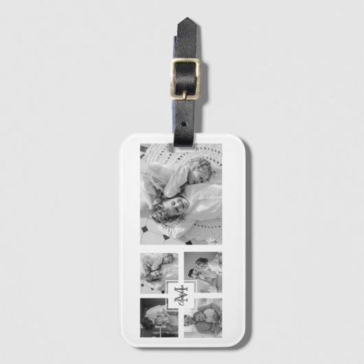 Trendy Collage Familie Foto zwart-wit Initiaal Bagagelabel (Voorkant (verticaal))