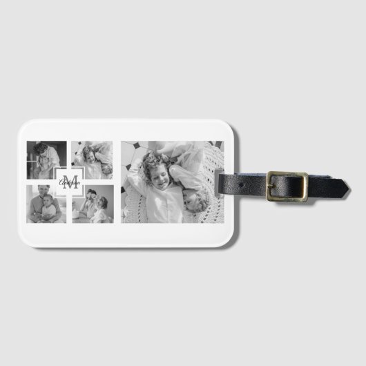 Trendy Collage Familie Foto zwart-wit Initiaal Bagagelabel (Voorkant (horizontaal))