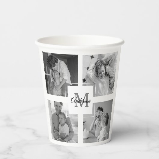 Trendy Collage Familie Foto zwart-wit Initiaal Papieren Bekers (Achterkant)