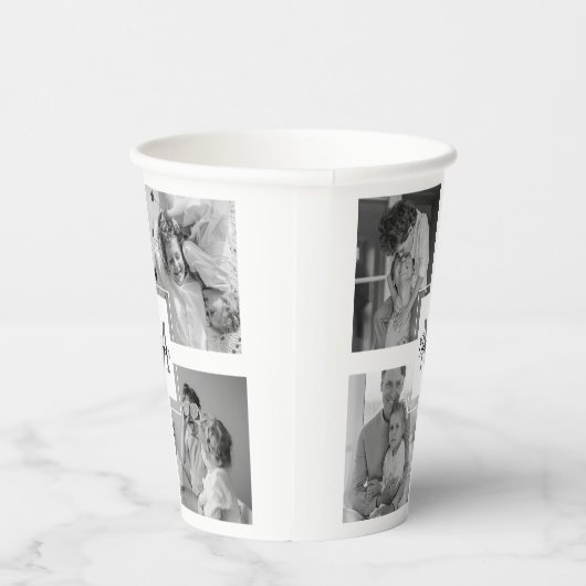 Trendy Collage Familie Foto zwart-wit Initiaal Papieren Bekers (Rechts)