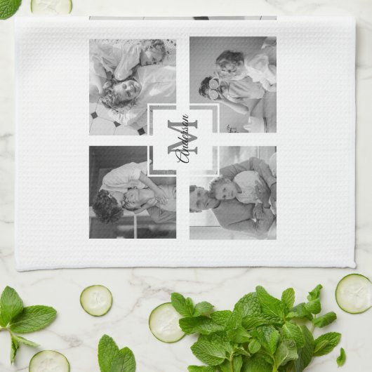 Trendy Collage Familie Foto zwart-wit Initiaal Theedoek (Gevouwen)