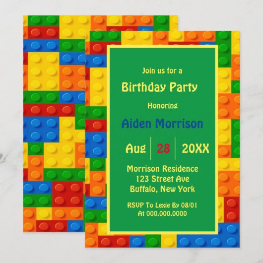 Trendy Colorful Building Blocks Birthday Party Kaart (Voorkant / Achterkant)