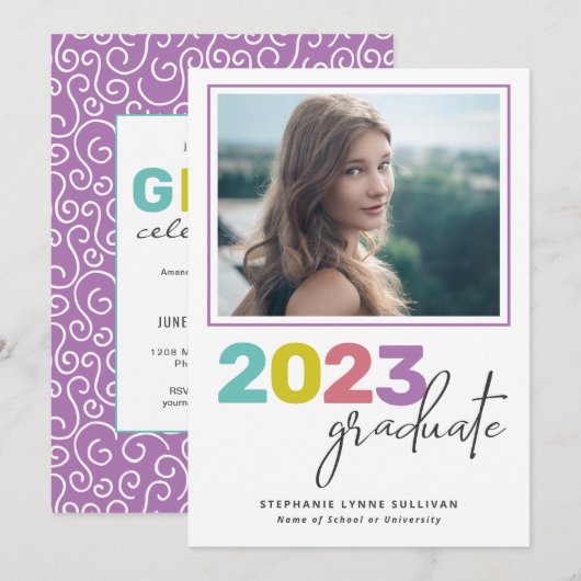 Trendy Colorful Lettering Modern Afstudeerder Part Kaart (Voorkant / Achterkant)