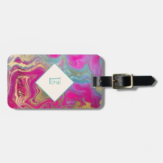 Trendy Colorful Marble, Monogram Bagagelabel (Voorkant horizontaal)