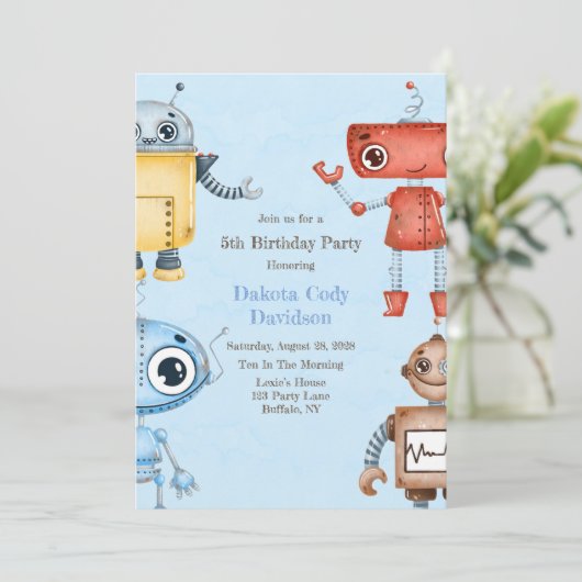 Trendy Colorful Robots Boy Birthday Party Invitati Kaart (Staand voorkant)