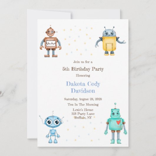 Trendy Colorful Robots Boy Birthday Party Kaart (Voorkant)