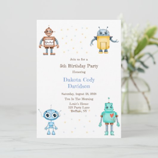 Trendy Colorful Robots Boy Birthday Party Kaart (Staand voorkant)