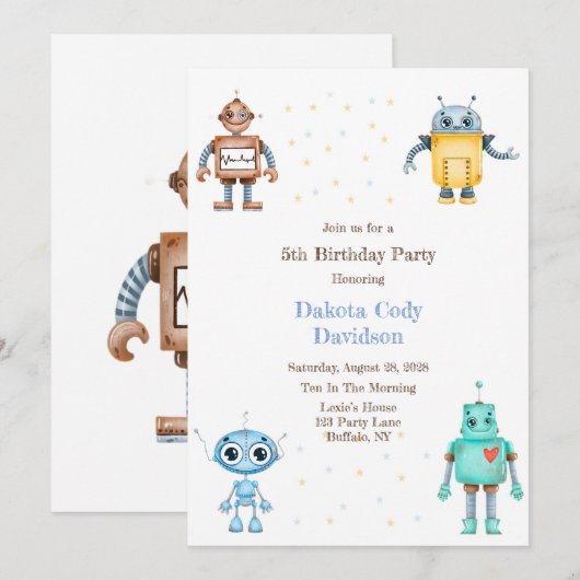 Trendy Colorful Robots Boy Birthday Party Kaart (Voorkant / Achterkant)