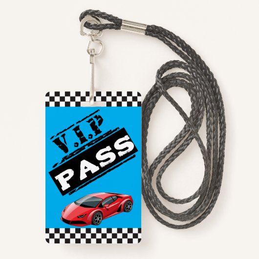 Trendy Cool Blue Race Car Birthday VIP Passen Badge (Voorkant met draagriem)