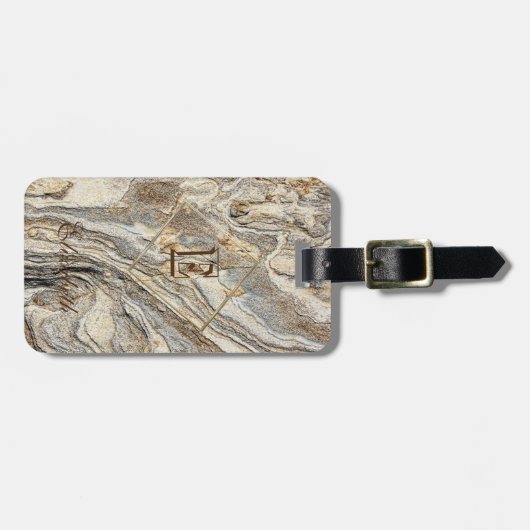 Trendy Cool Marble Texture, Monogram-Personalized Bagagelabel (Voorkant horizontaal)