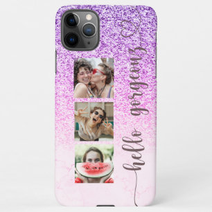 Trendy Cool Paarse Roze Glitter Fotocollage iPhone 11Pro Max Hoesje