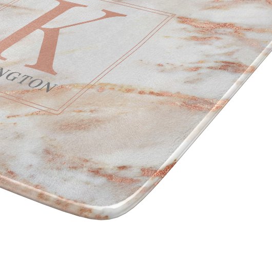 Trendy Copper Roos Gold Metallic marble Monogram Snijplank (Hoek)