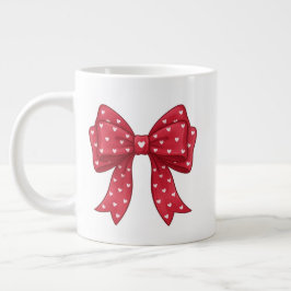 Trendy Coquette Red Ribbon Bow with White Hearts Grote Koffiekop