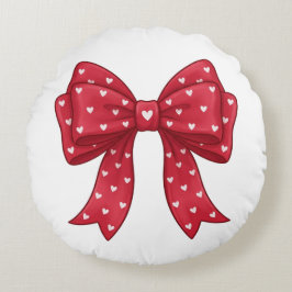 Trendy Coquette Red Ribbon Bow with White Hearts Rond Kussen