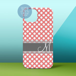 Trendy Coral and Gray Polka Dot Pattern Monogram iPhone 15 Pro Max Hoesje