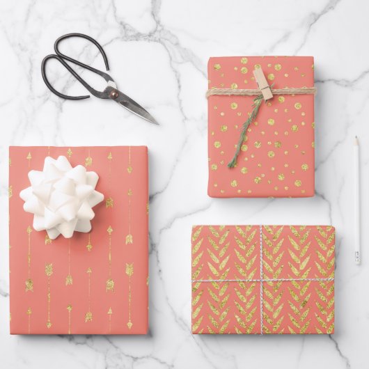 Trendy Coral en Gold Pattern Inpakpapier Vel (Voorkant)